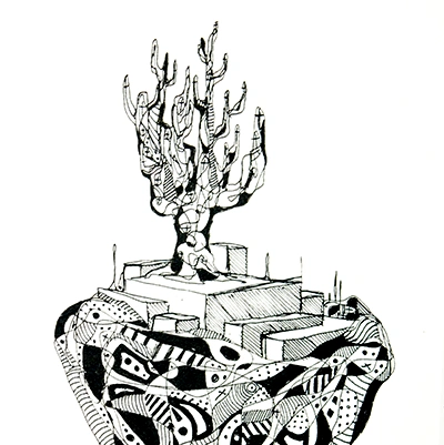 Abstract floating island with cacti on top