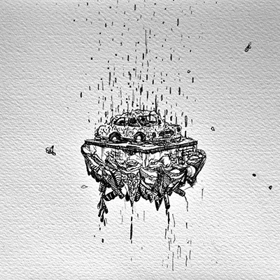 Floating island illustration with car disintegrating