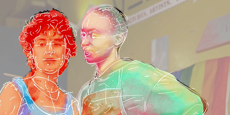 Two lovers with illustration on top